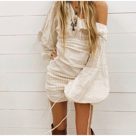 Jens Pirate Booty Vambelle Mini Dress Cream Gold Stripe S Boho Beach Ballon - Picture 5 of 16